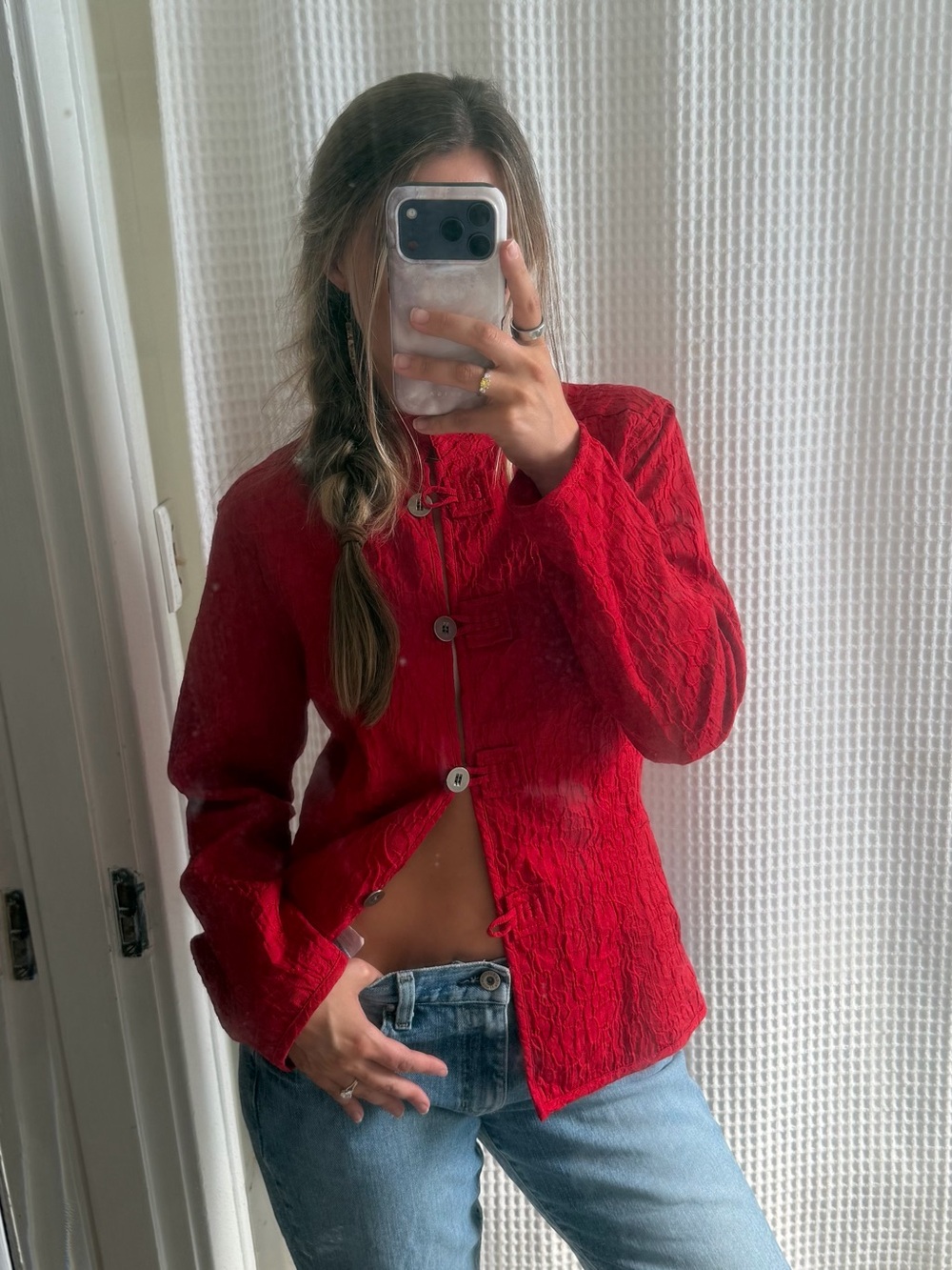Red Textured Button-Up Jacket